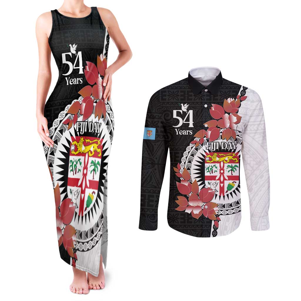 Personalised Fiji Day Couples Matching Tank Maxi Dress and Long Sleeve Button Shirt Fijian Tapa Pattern Mix Tagimoucia - Black Version