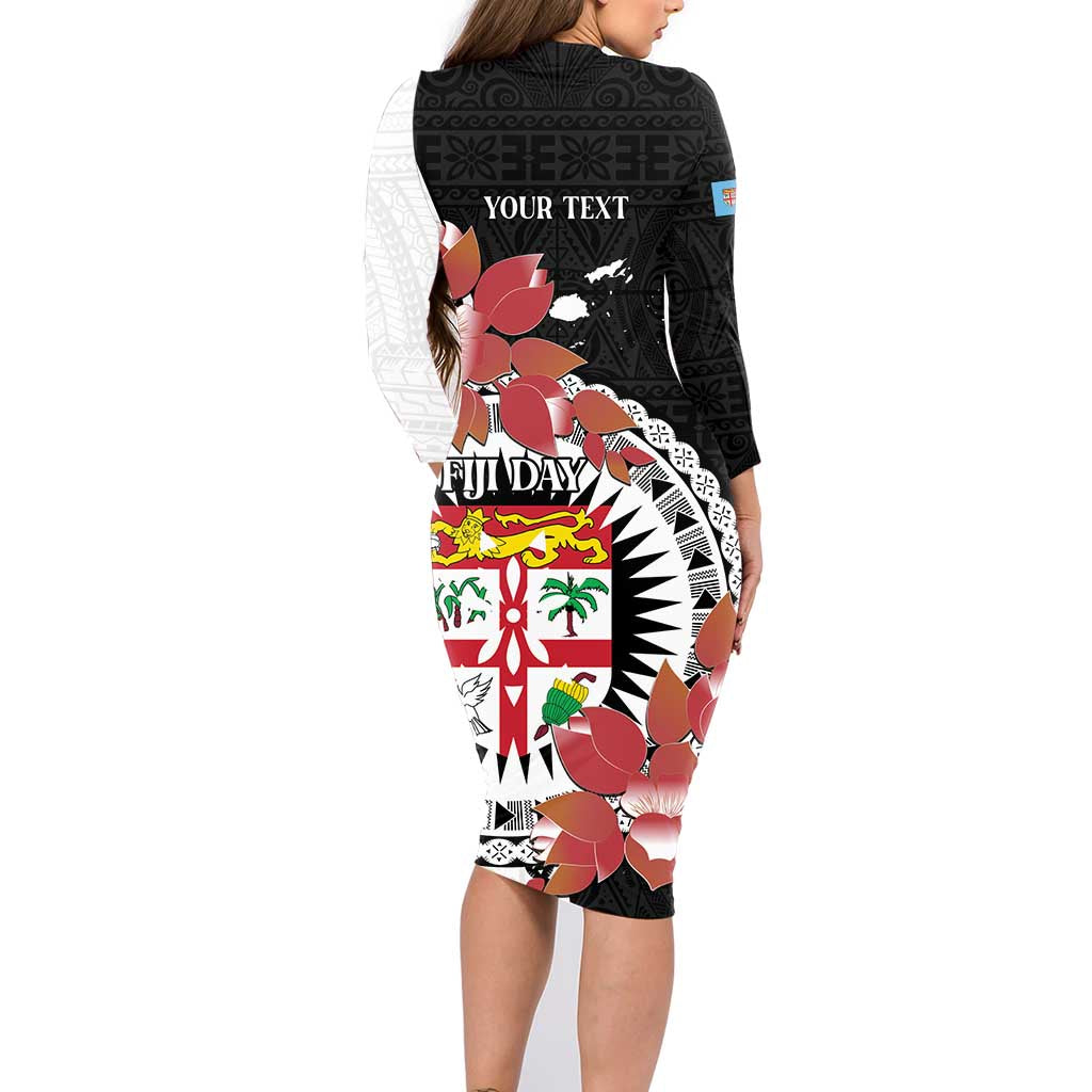 Personalised Fiji Day Family Matching Long Sleeve Bodycon Dress and Hawaiian Shirt Fijian Tapa Pattern Mix Tagimoucia - Black Version