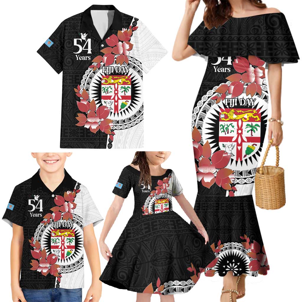 Personalised Fiji Day Family Matching Mermaid Dress and Hawaiian Shirt Fijian Tapa Pattern Mix Tagimoucia - Black Version