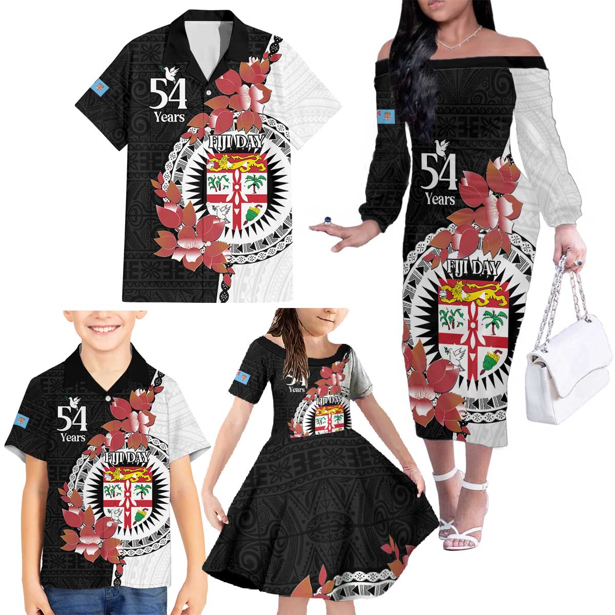 Personalised Fiji Day Family Matching Off The Shoulder Long Sleeve Dress and Hawaiian Shirt Fijian Tapa Pattern Mix Tagimoucia - Black Version