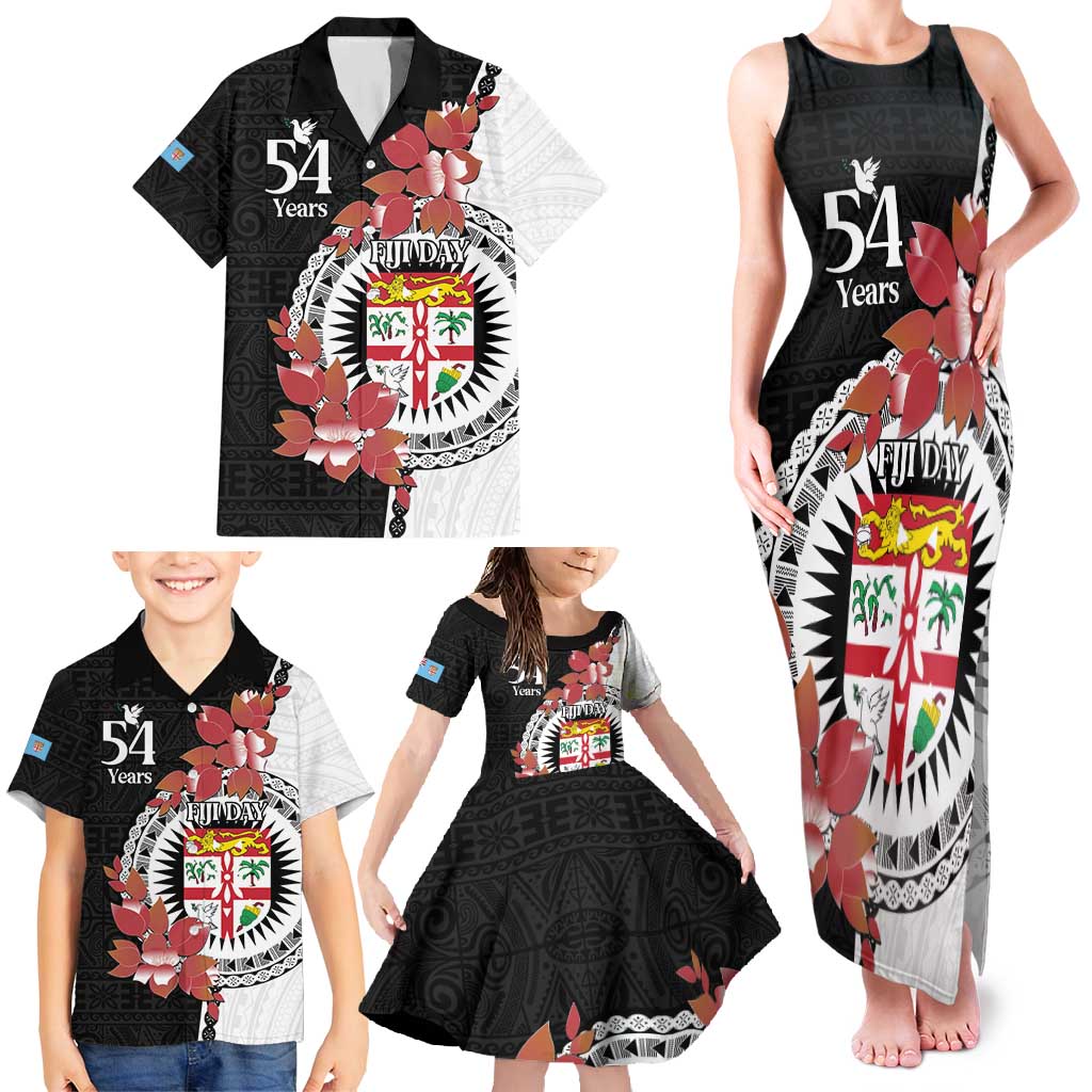 Personalised Fiji Day Family Matching Tank Maxi Dress and Hawaiian Shirt Fijian Tapa Pattern Mix Tagimoucia - Black Version