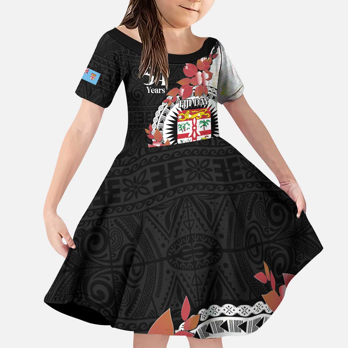 Personalised Fiji Day Kid Short Sleeve Dress Fijian Tapa Pattern Mix Tagimoucia - Black Version