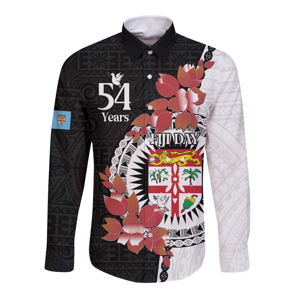 Personalised Fiji Day Long Sleeve Button Shirt Fijian Tapa Pattern Mix Tagimoucia - Black Version