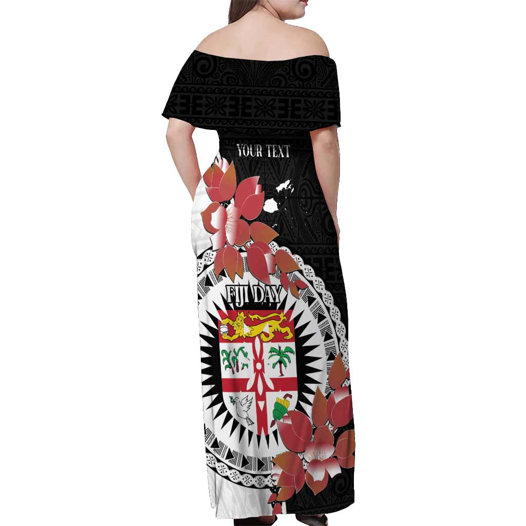 Personalised Fiji Day Off Shoulder Maxi Dress Fijian Tapa Pattern Mix Tagimoucia - Black Version