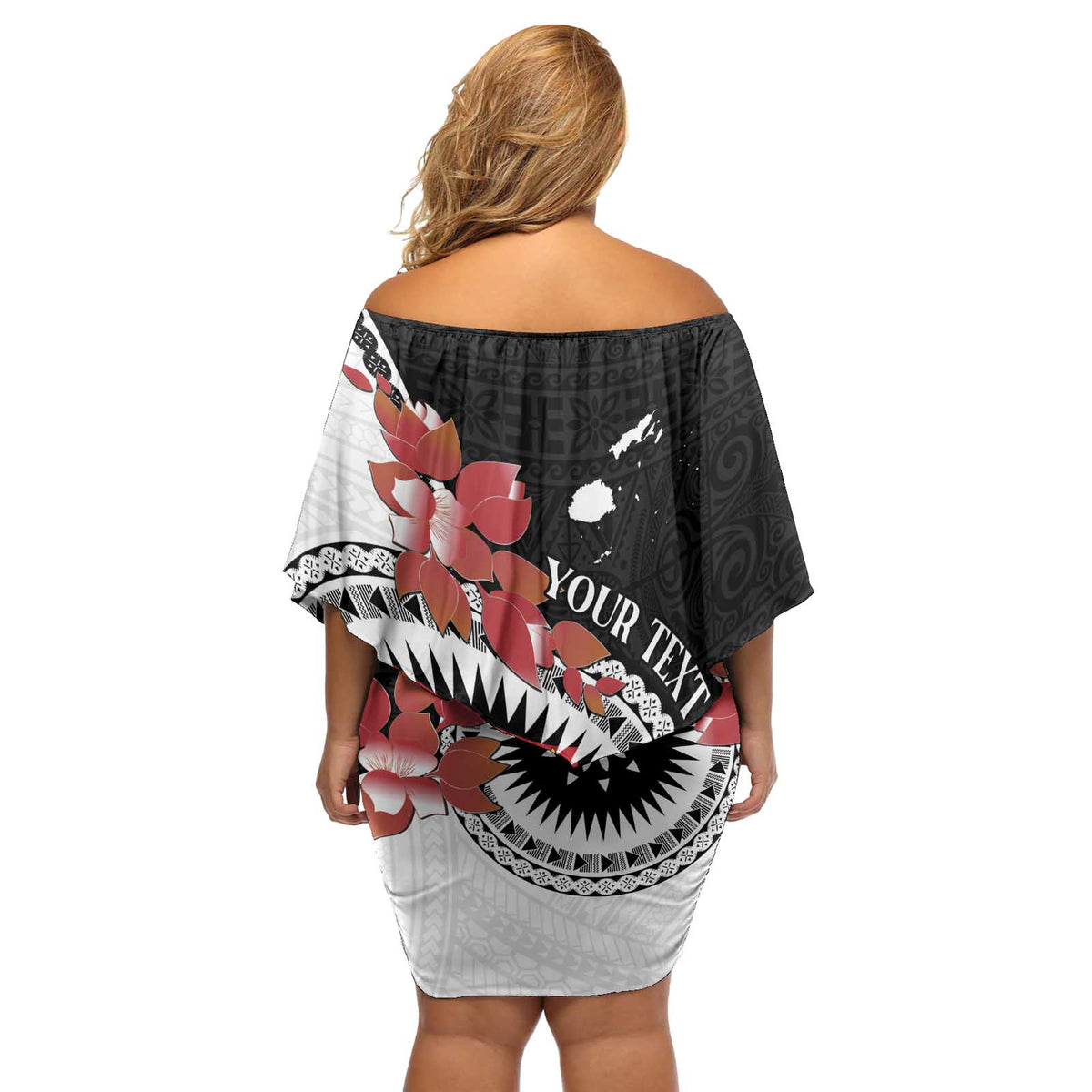 Personalised Fiji Day Off Shoulder Short Dress Fijian Tapa Pattern Mix Tagimoucia - Black Version