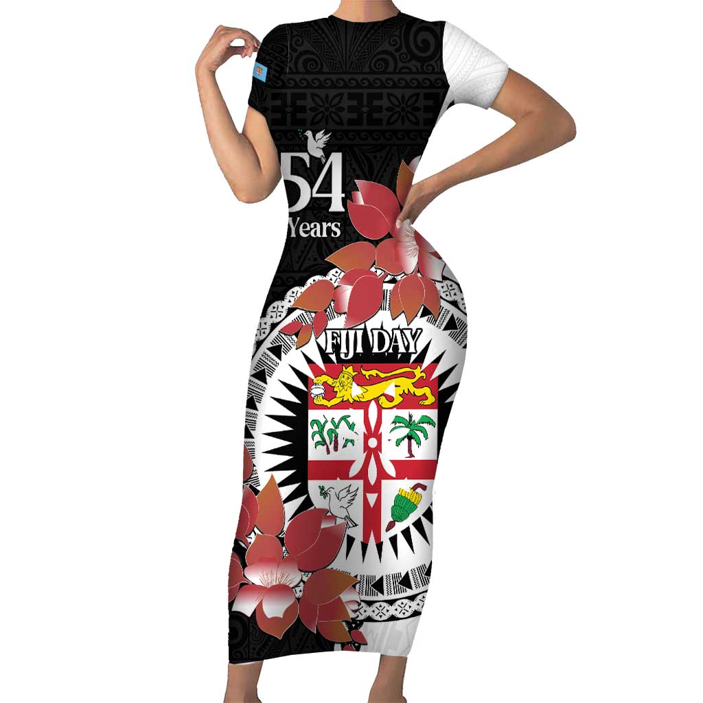 Personalised Fiji Day Short Sleeve Bodycon Dress Fijian Tapa Pattern Mix Tagimoucia - Black Version