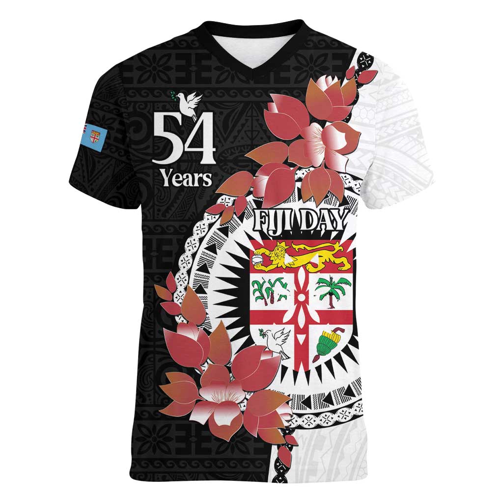 Personalised Fiji Day Women V-Neck T-Shirt Fijian Tapa Pattern Mix Tagimoucia - Black Version