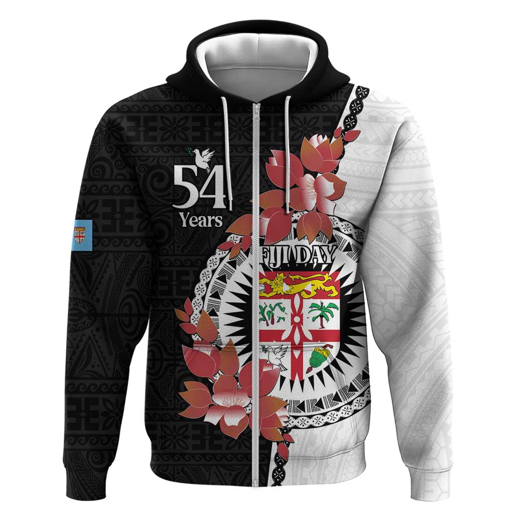 Personalised Fiji Day Zip Hoodie Fijian Tapa Pattern Mix Tagimoucia - Black Version