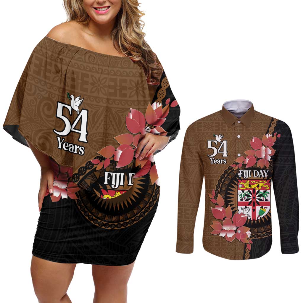 Personalised Fiji Day Couples Matching Off Shoulder Short Dress and Long Sleeve Button Shirt Fijian Tapa Pattern Mix Tagimoucia - Brown Version