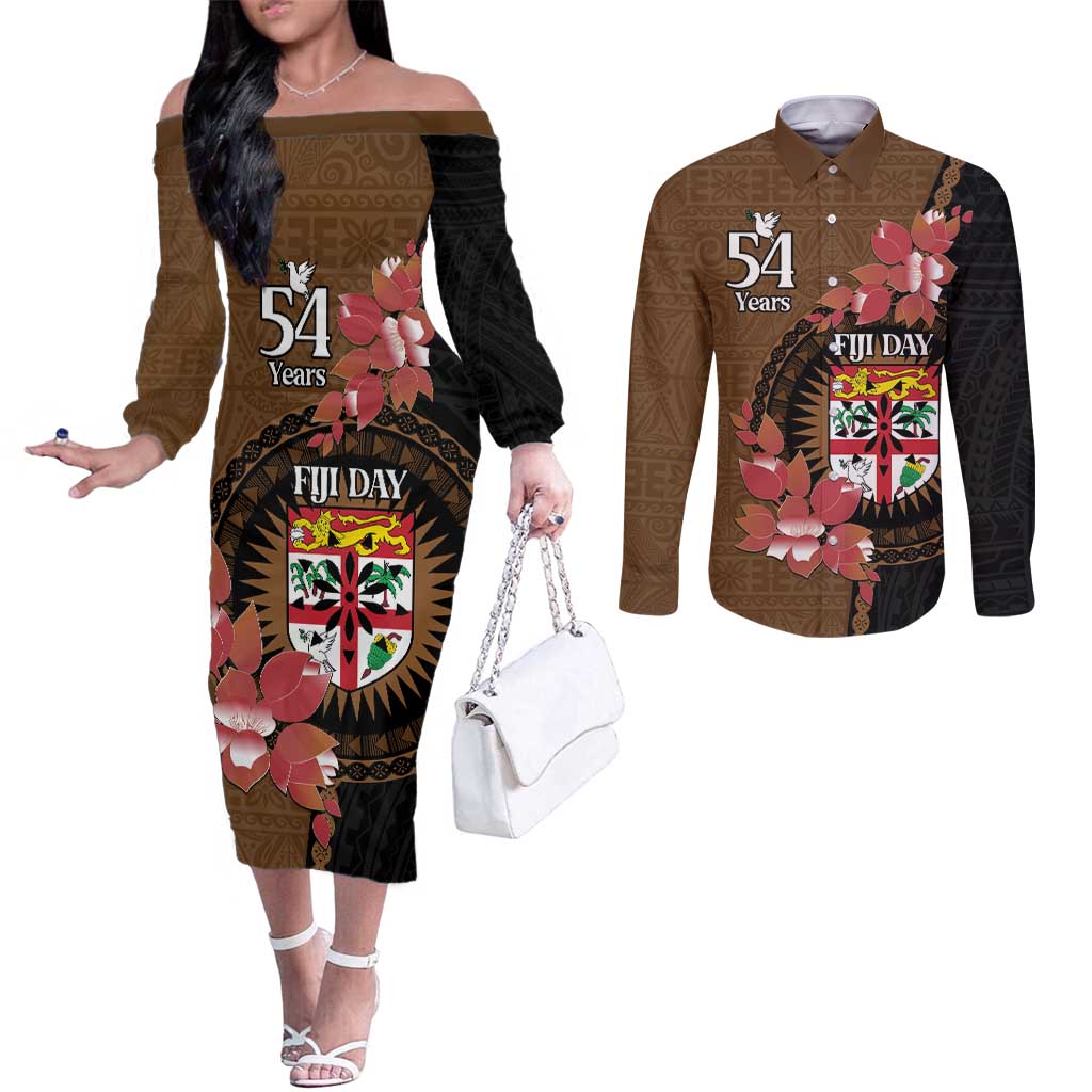 Personalised Fiji Day Couples Matching Off The Shoulder Long Sleeve Dress and Long Sleeve Button Shirt Fijian Tapa Pattern Mix Tagimoucia - Brown Version