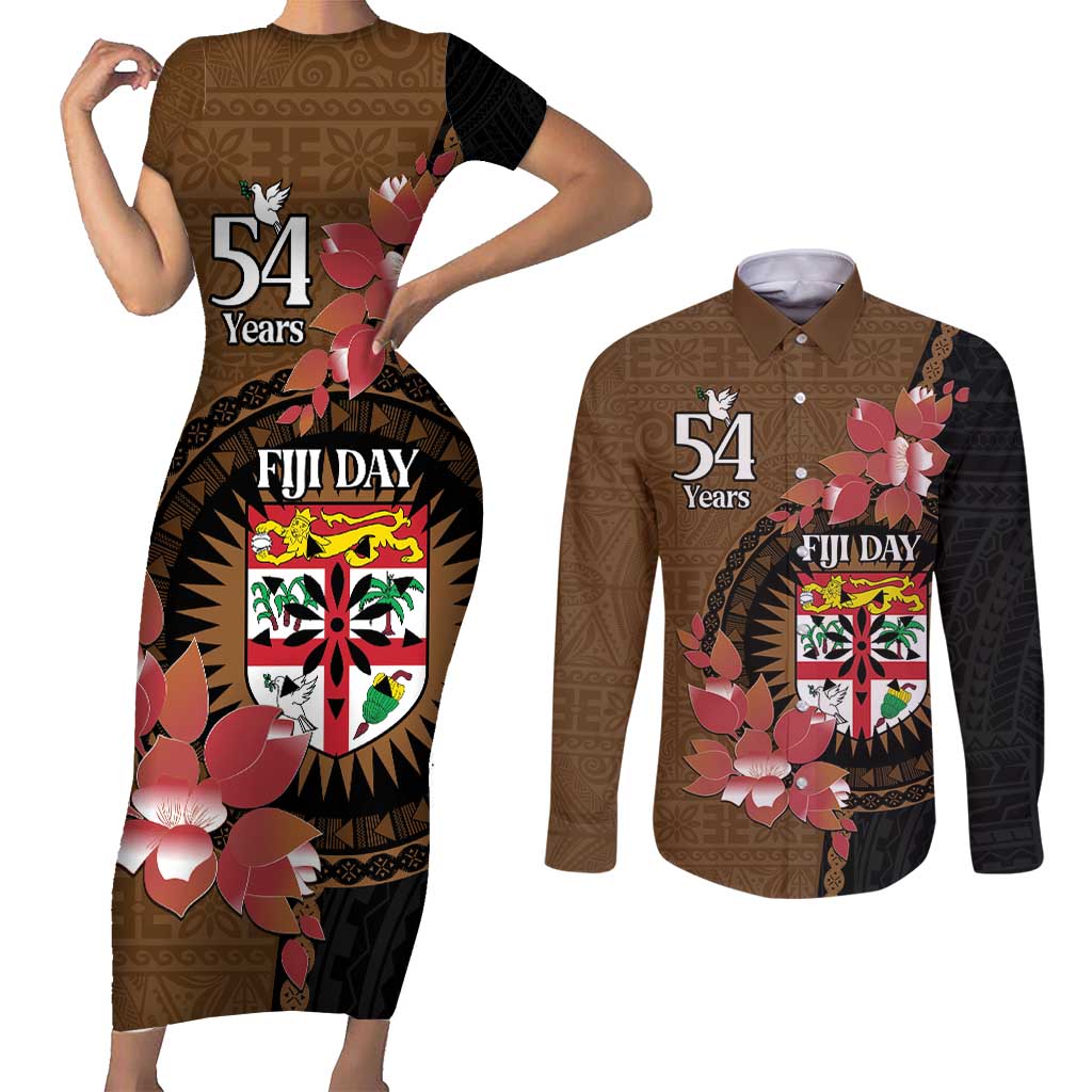 Personalised Fiji Day Couples Matching Short Sleeve Bodycon Dress and Long Sleeve Button Shirt Fijian Tapa Pattern Mix Tagimoucia - Brown Version