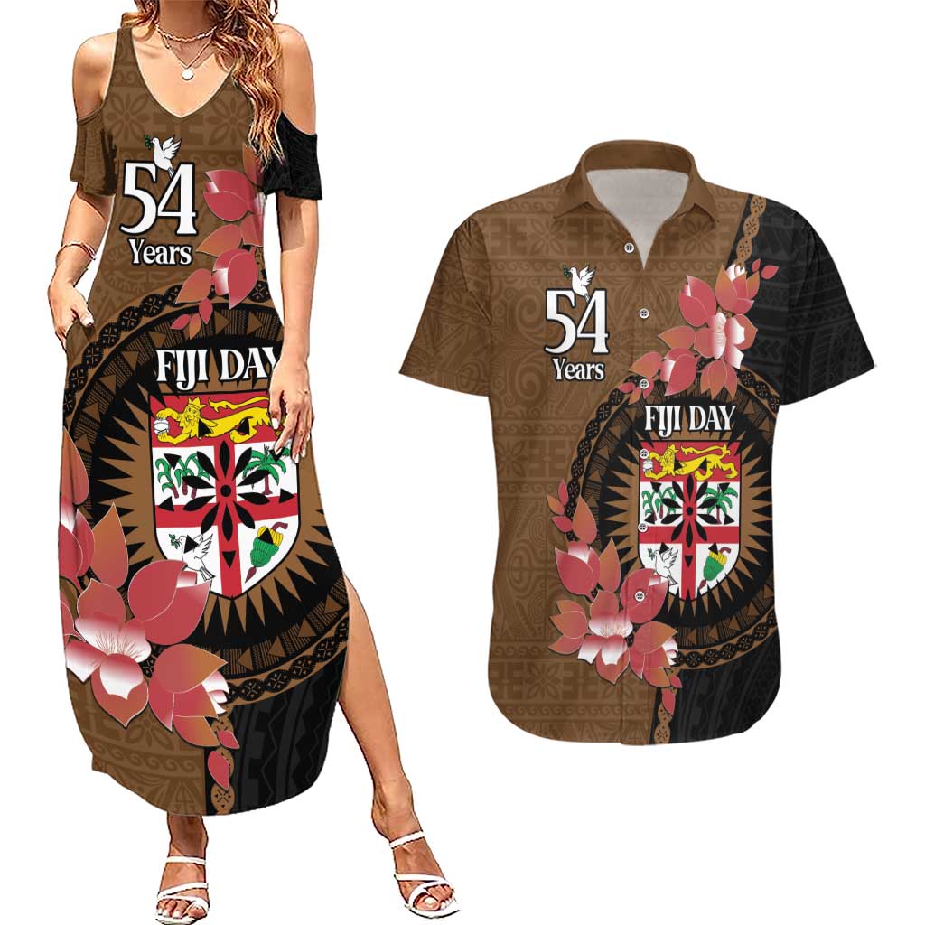 Personalised Fiji Day Couples Matching Summer Maxi Dress and Hawaiian Shirt Fijian Tapa Pattern Mix Tagimoucia - Brown Version