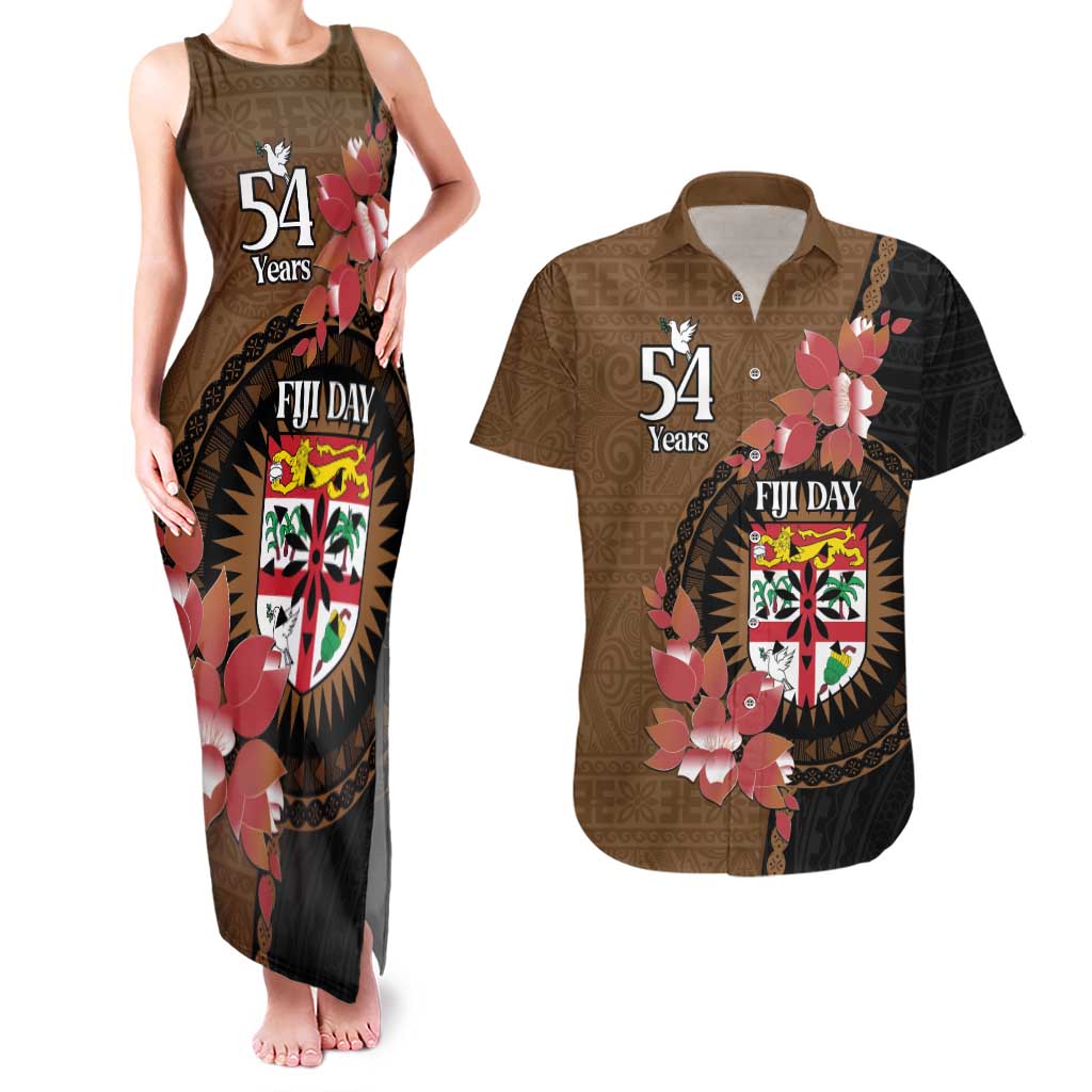 Personalised Fiji Day Couples Matching Tank Maxi Dress and Hawaiian Shirt Fijian Tapa Pattern Mix Tagimoucia - Brown Version