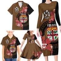 Personalised Fiji Day Family Matching Long Sleeve Bodycon Dress and Hawaiian Shirt Fijian Tapa Pattern Mix Tagimoucia - Brown Version