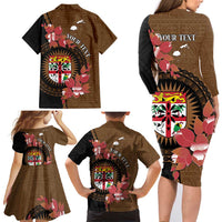 Personalised Fiji Day Family Matching Long Sleeve Bodycon Dress and Hawaiian Shirt Fijian Tapa Pattern Mix Tagimoucia - Brown Version