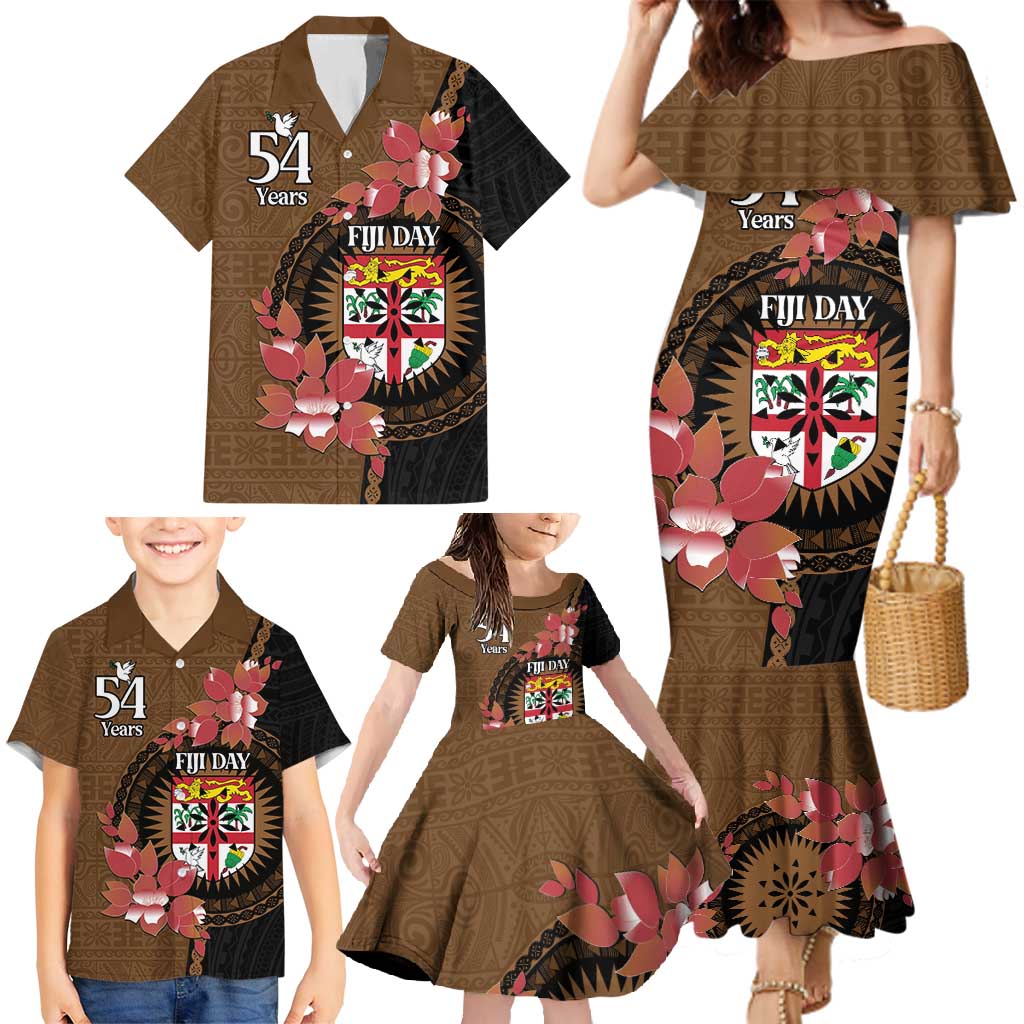 Personalised Fiji Day Family Matching Mermaid Dress and Hawaiian Shirt Fijian Tapa Pattern Mix Tagimoucia - Brown Version