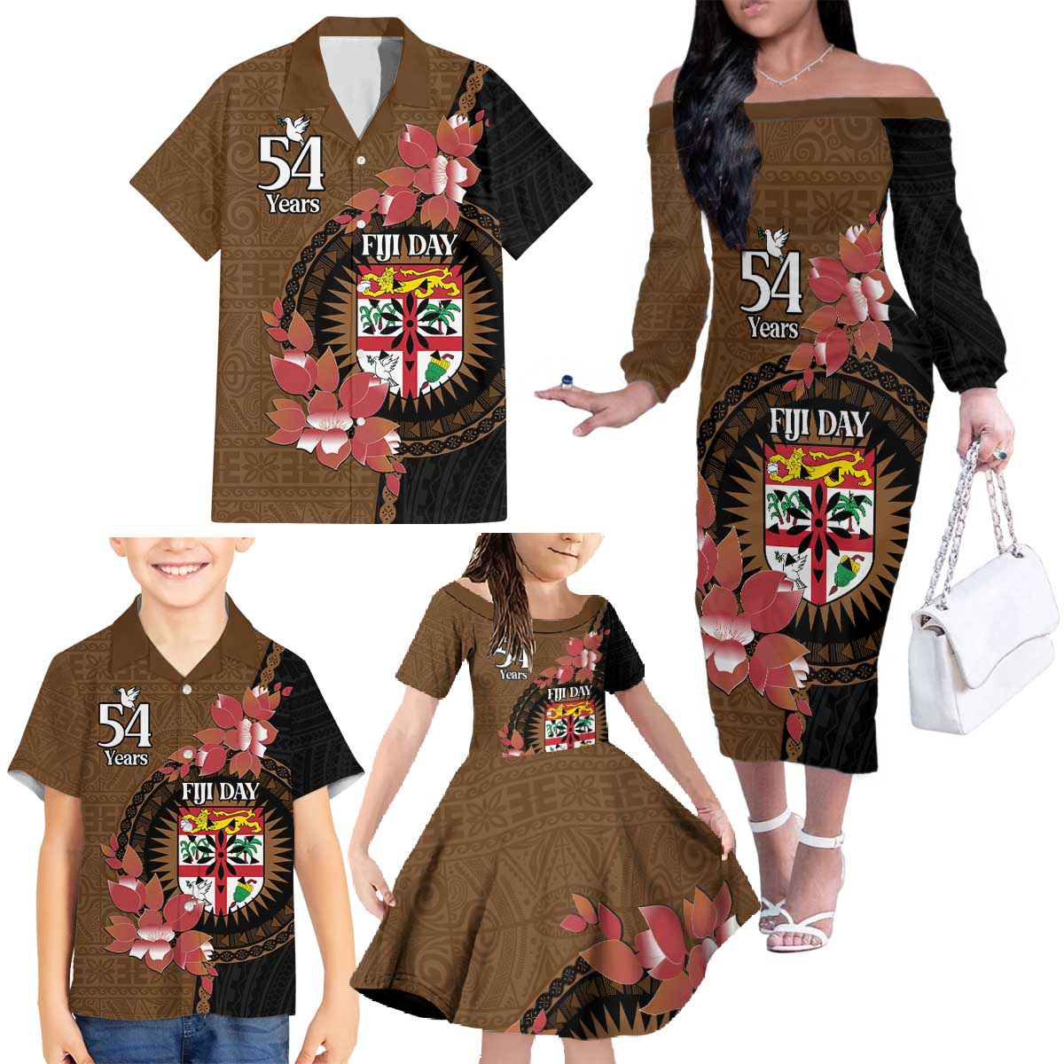 Personalised Fiji Day Family Matching Off The Shoulder Long Sleeve Dress and Hawaiian Shirt Fijian Tapa Pattern Mix Tagimoucia - Brown Version