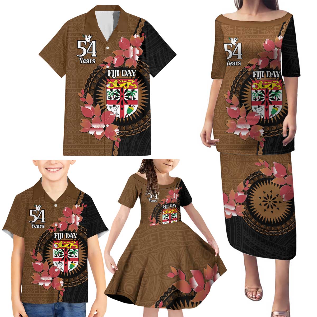 Personalised Fiji Day Family Matching Puletasi and Hawaiian Shirt Fijian Tapa Pattern Mix Tagimoucia - Brown Version