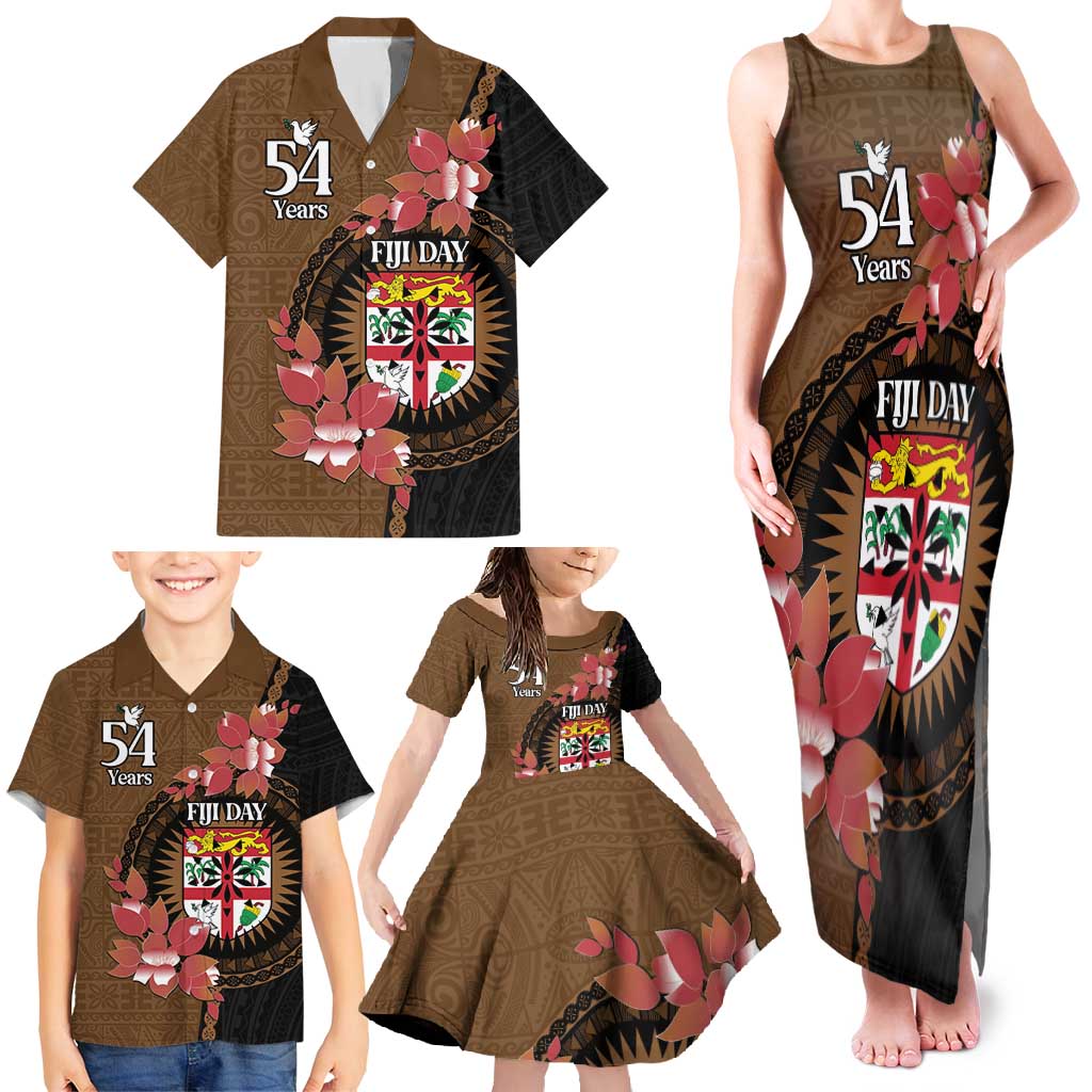 Personalised Fiji Day Family Matching Tank Maxi Dress and Hawaiian Shirt Fijian Tapa Pattern Mix Tagimoucia - Brown Version