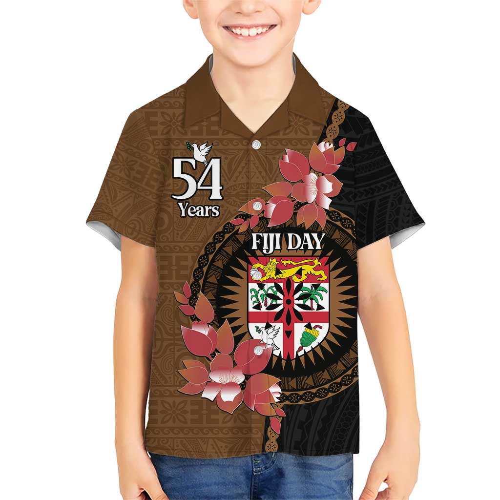 Personalised Fiji Day Kid Hawaiian Shirt Fijian Tapa Pattern Mix Tagimoucia - Brown Version