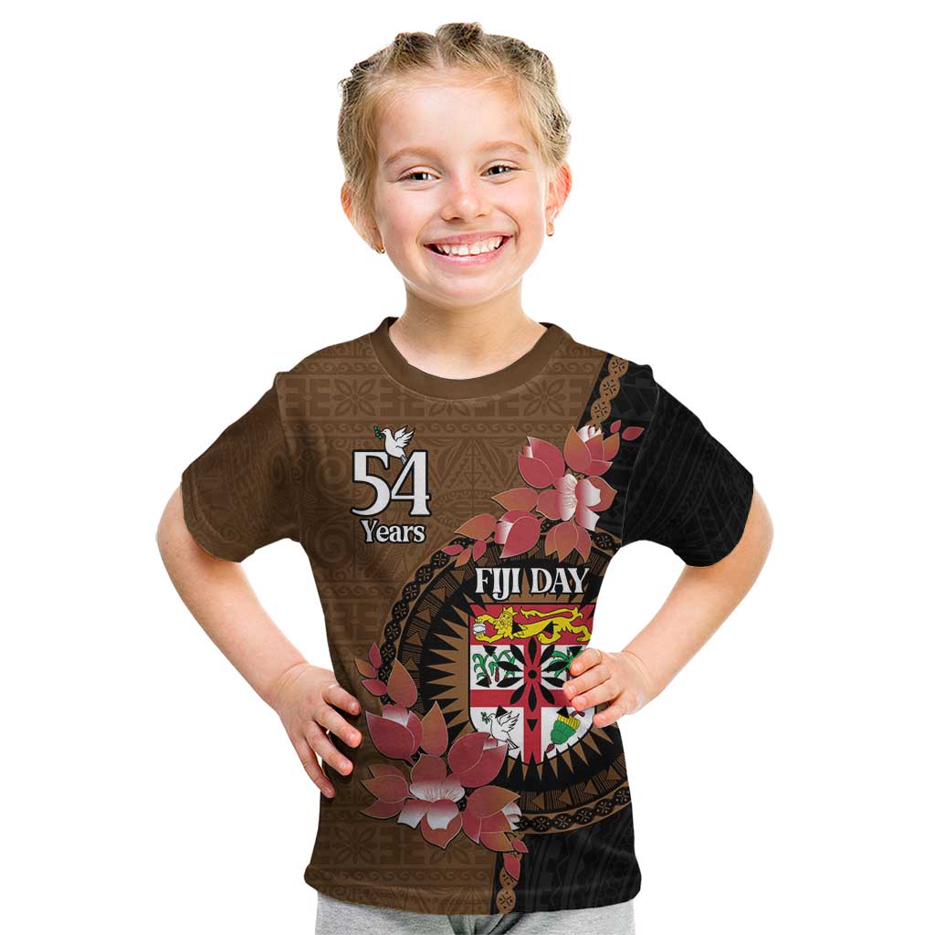 Personalised Fiji Day Kid T Shirt Fijian Tapa Pattern Mix Tagimoucia - Brown Version