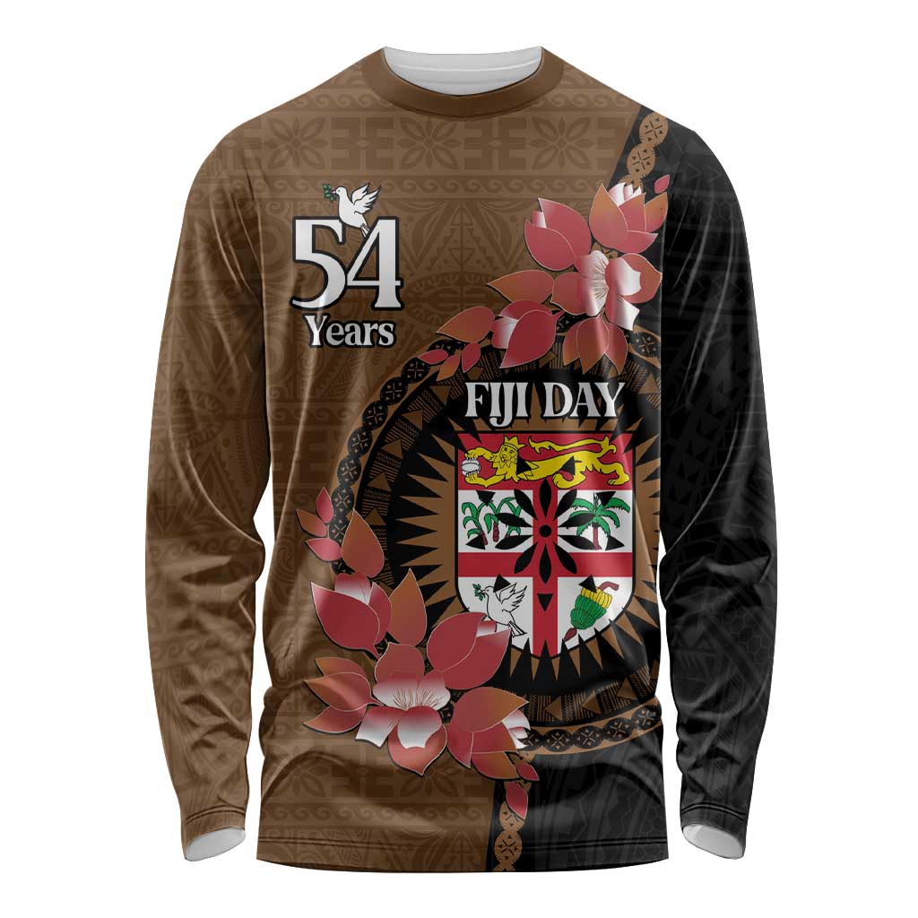 Personalised Fiji Day Long Sleeve Shirt Fijian Tapa Pattern Mix Tagimoucia - Brown Version