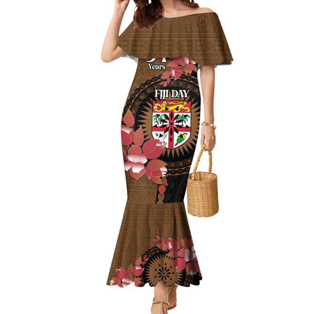 Personalised Fiji Day Mermaid Dress Fijian Tapa Pattern Mix Tagimoucia - Brown Version