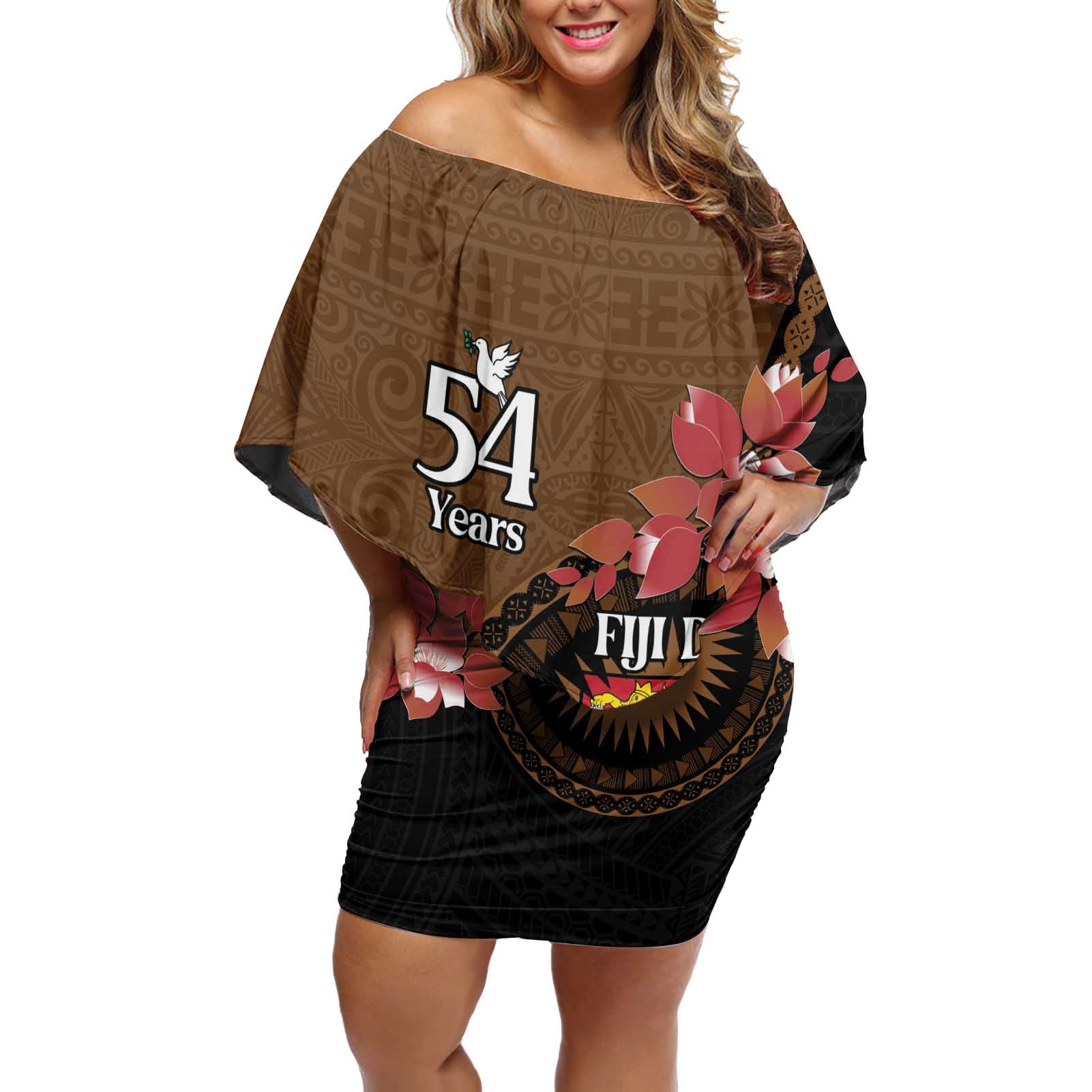 Personalised Fiji Day Off Shoulder Short Dress Fijian Tapa Pattern Mix Tagimoucia - Brown Version