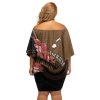 Personalised Fiji Day Off Shoulder Short Dress Fijian Tapa Pattern Mix Tagimoucia - Brown Version