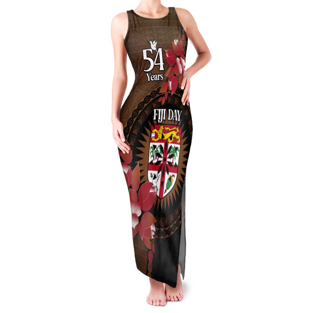 Personalised Fiji Day Tank Maxi Dress Fijian Tapa Pattern Mix Tagimoucia - Brown Version