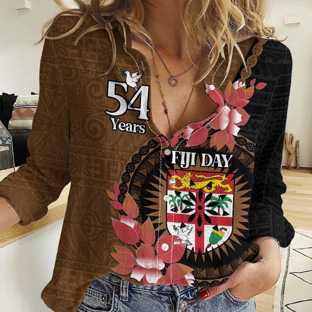 Personalised Fiji Day Women Casual Shirt Fijian Tapa Pattern Mix Tagimoucia - Brown Version