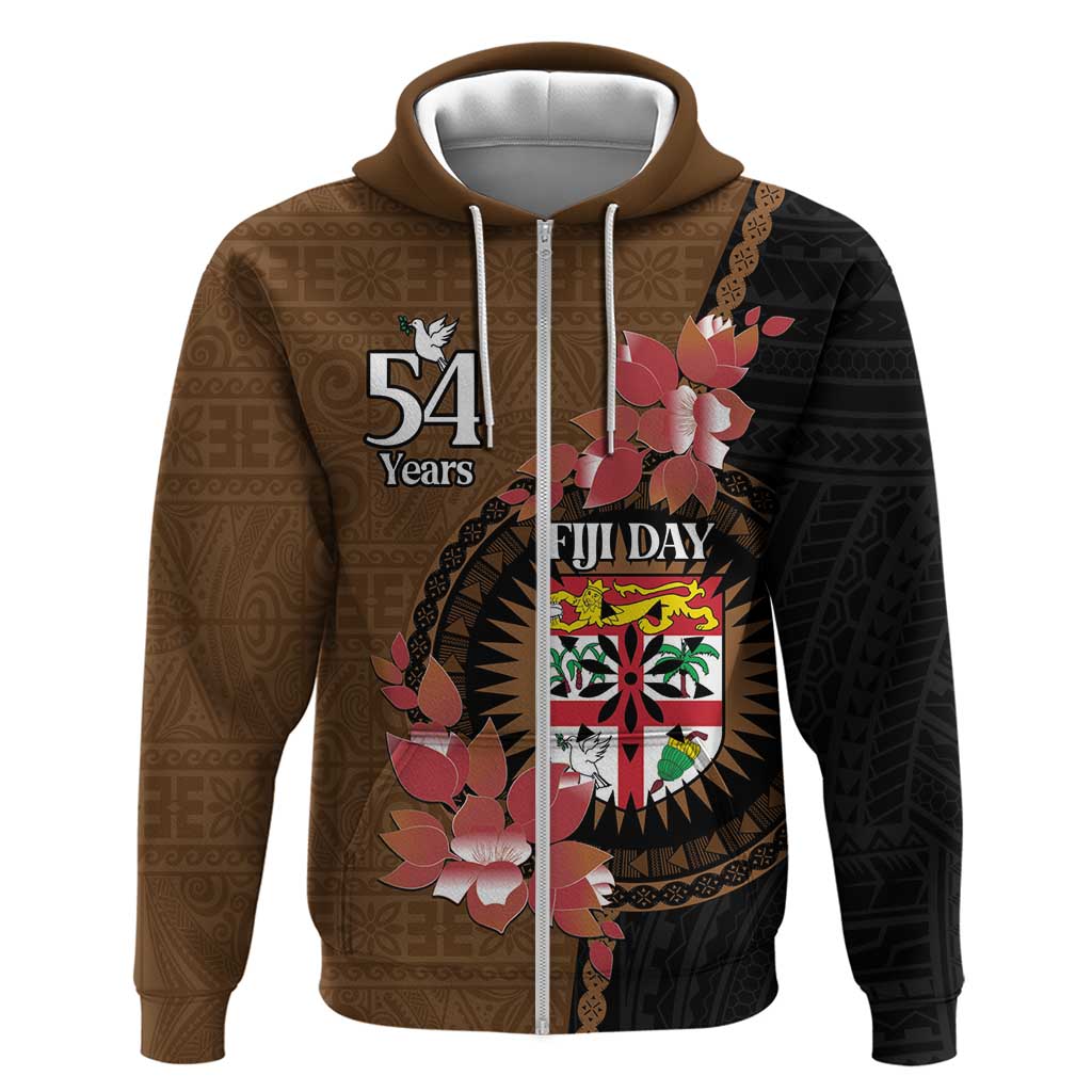 Personalised Fiji Day Zip Hoodie Fijian Tapa Pattern Mix Tagimoucia - Brown Version