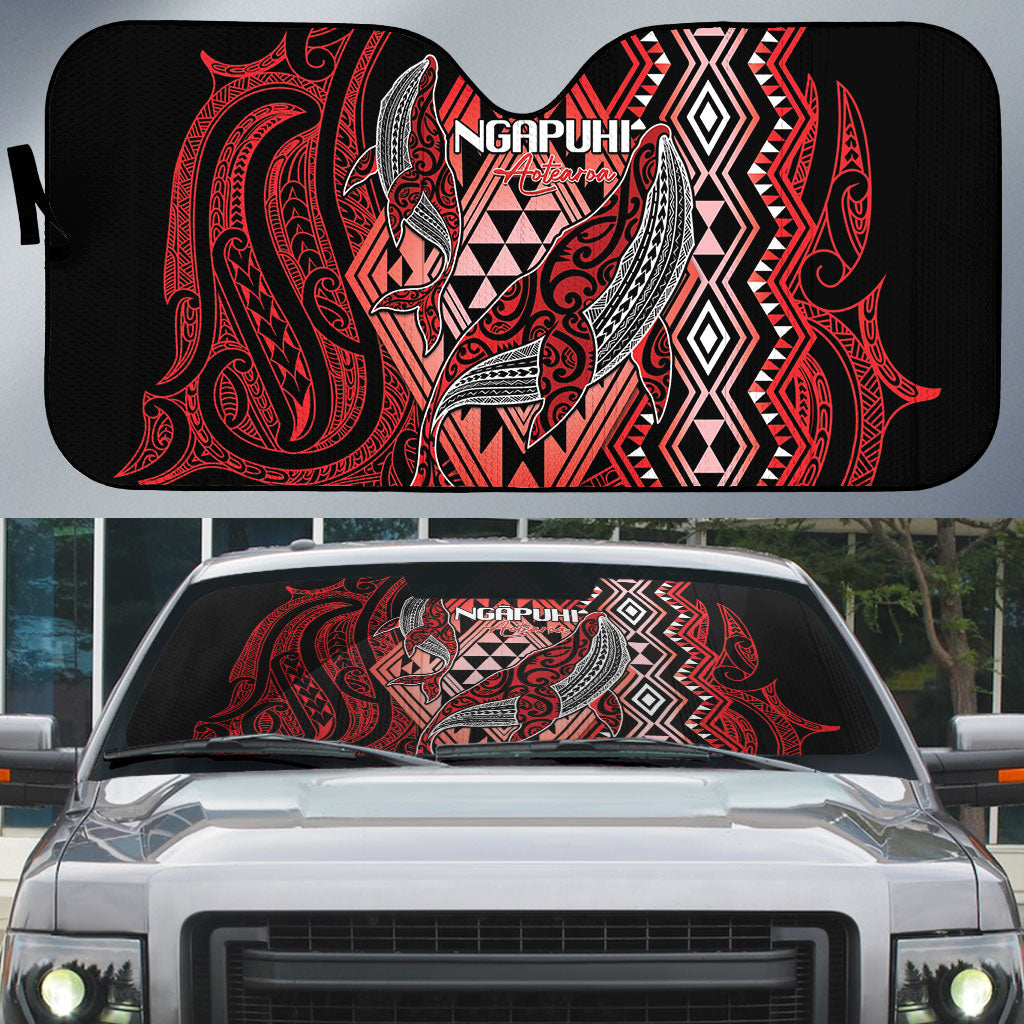Aotearoa Iwi Ngapuhi Auto Sun Shade NZ Maori Humpback Whale Taniko Motifs LT14 Red - Polynesian Pride