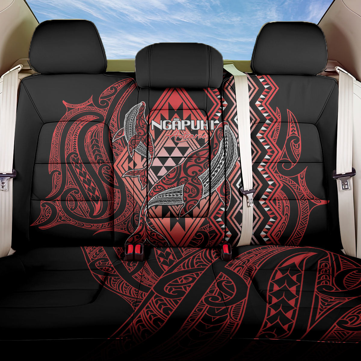 Aotearoa Iwi Ngapuhi Back Car Seat Cover NZ Maori Humpback Whale Taniko Motifs LT14 One Size Red - Polynesian Pride