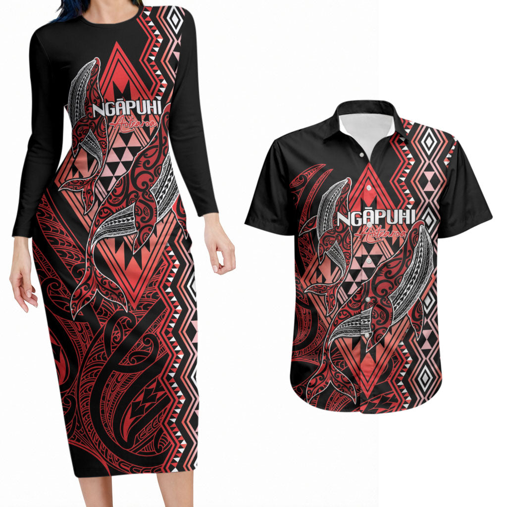Aotearoa Iwi Ngapuhi Personalised Couples Matching Long Sleeve Bodycon Dress and Hawaiian Shirt NZ Maori Humpback Whale Taniko Motifs LT14 Red - Polynesian Pride