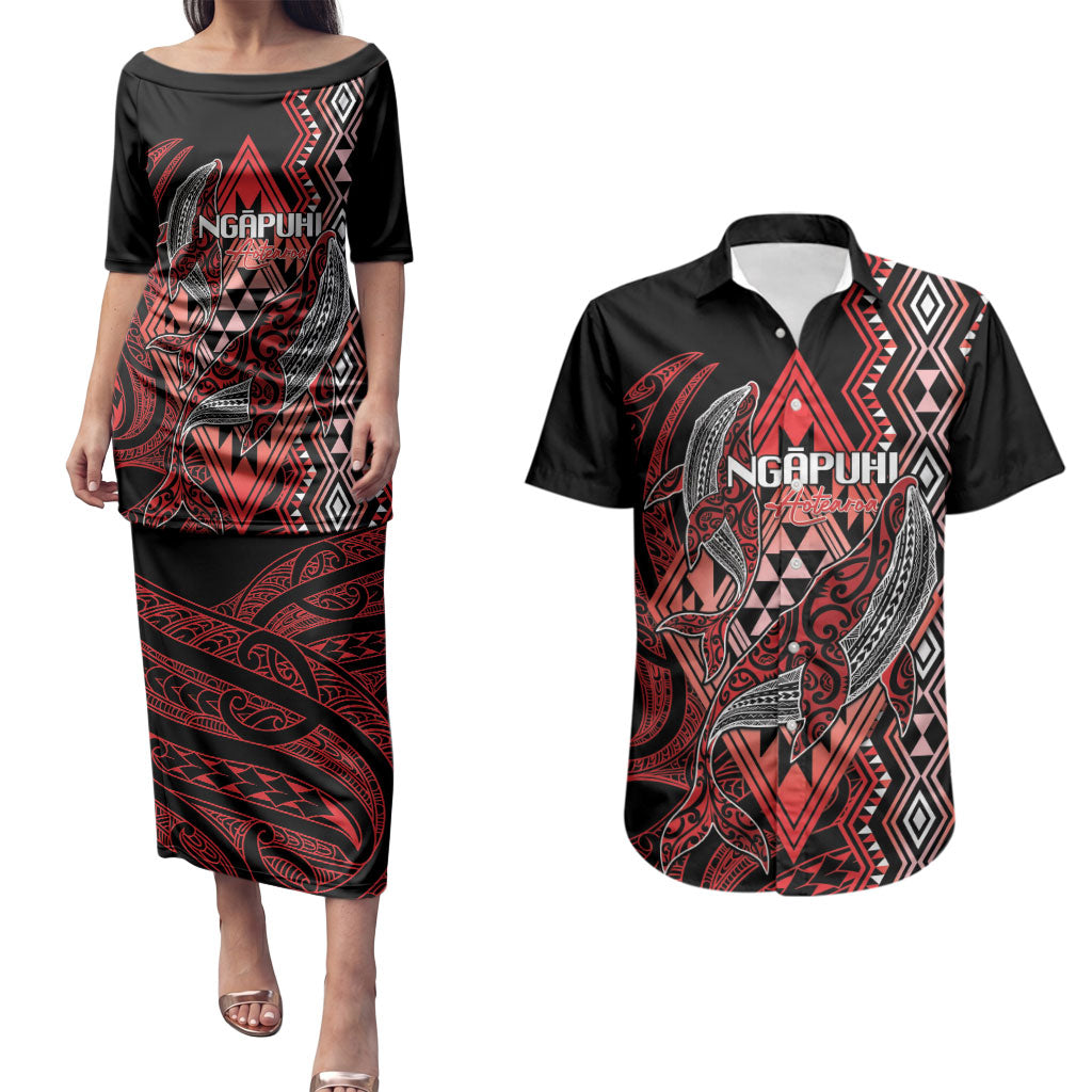 Aotearoa Iwi Ngapuhi Personalised Couples Matching Puletasi and Hawaiian Shirt NZ Maori Humpback Whale Taniko Motifs LT14 Red - Polynesian Pride