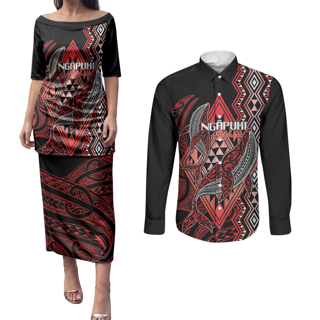 Aotearoa Iwi Ngapuhi Personalised Couples Matching Puletasi and Long Sleeve Button Shirt NZ Maori Humpback Whale Taniko Motifs LT14 Red - Polynesian Pride