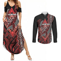 Aotearoa Iwi Ngapuhi Personalised Couples Matching Summer Maxi Dress and Long Sleeve Button Shirt NZ Maori Humpback Whale Taniko Motifs LT14 Red - Polynesian Pride