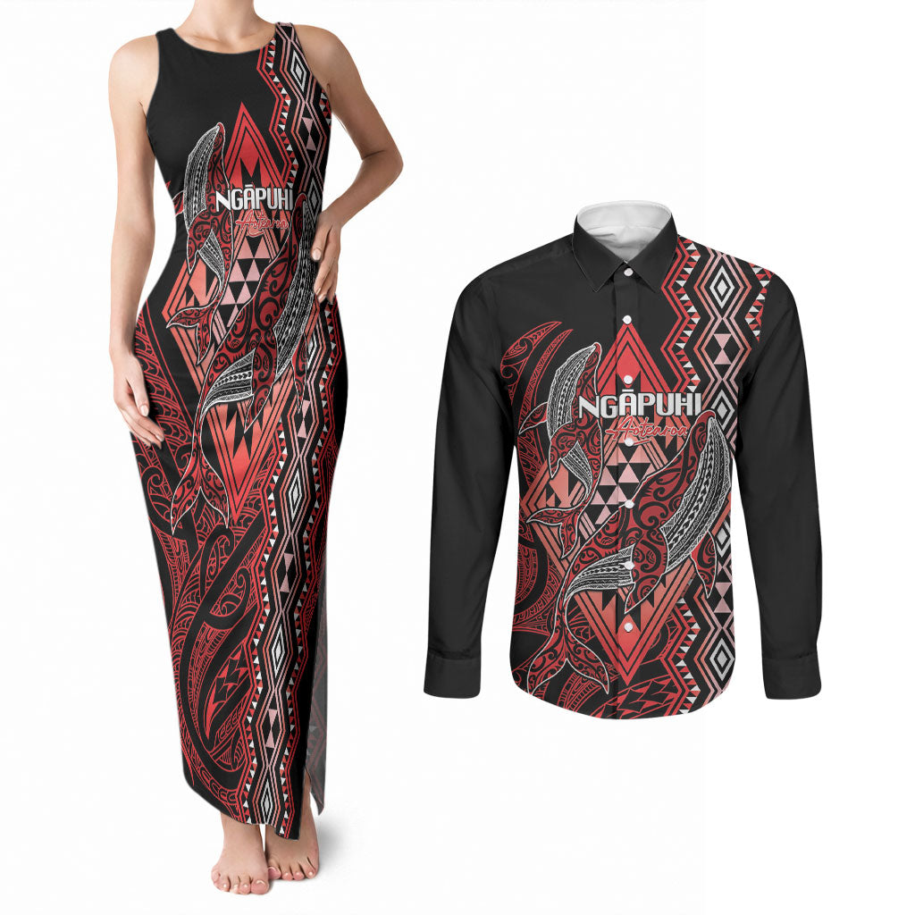 Aotearoa Iwi Ngapuhi Personalised Couples Matching Tank Maxi Dress and Long Sleeve Button Shirt NZ Maori Humpback Whale Taniko Motifs LT14 Red - Polynesian Pride