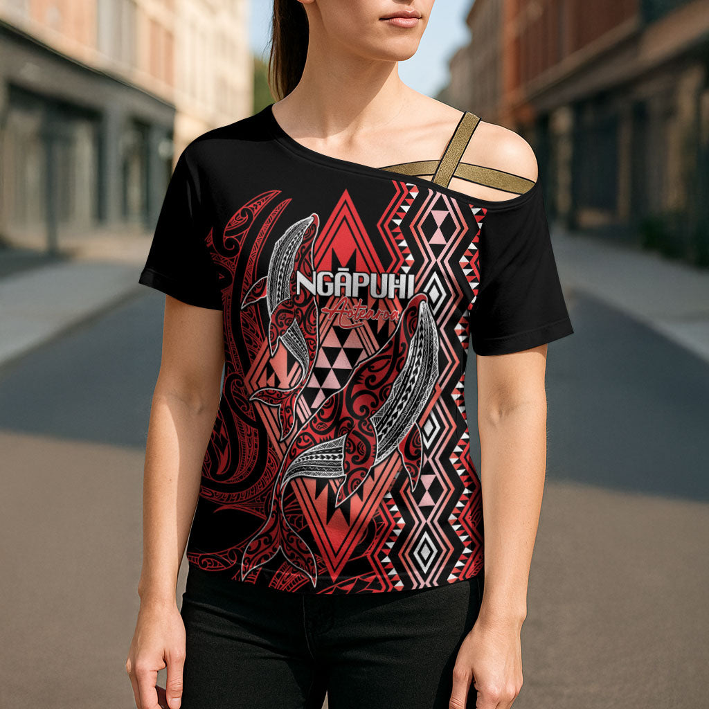 Aotearoa Iwi Ngapuhi Personalised Cross Shoulder Shirt NZ Maori Humpback Whale Taniko Motifs LT14 - Polynesian Pride