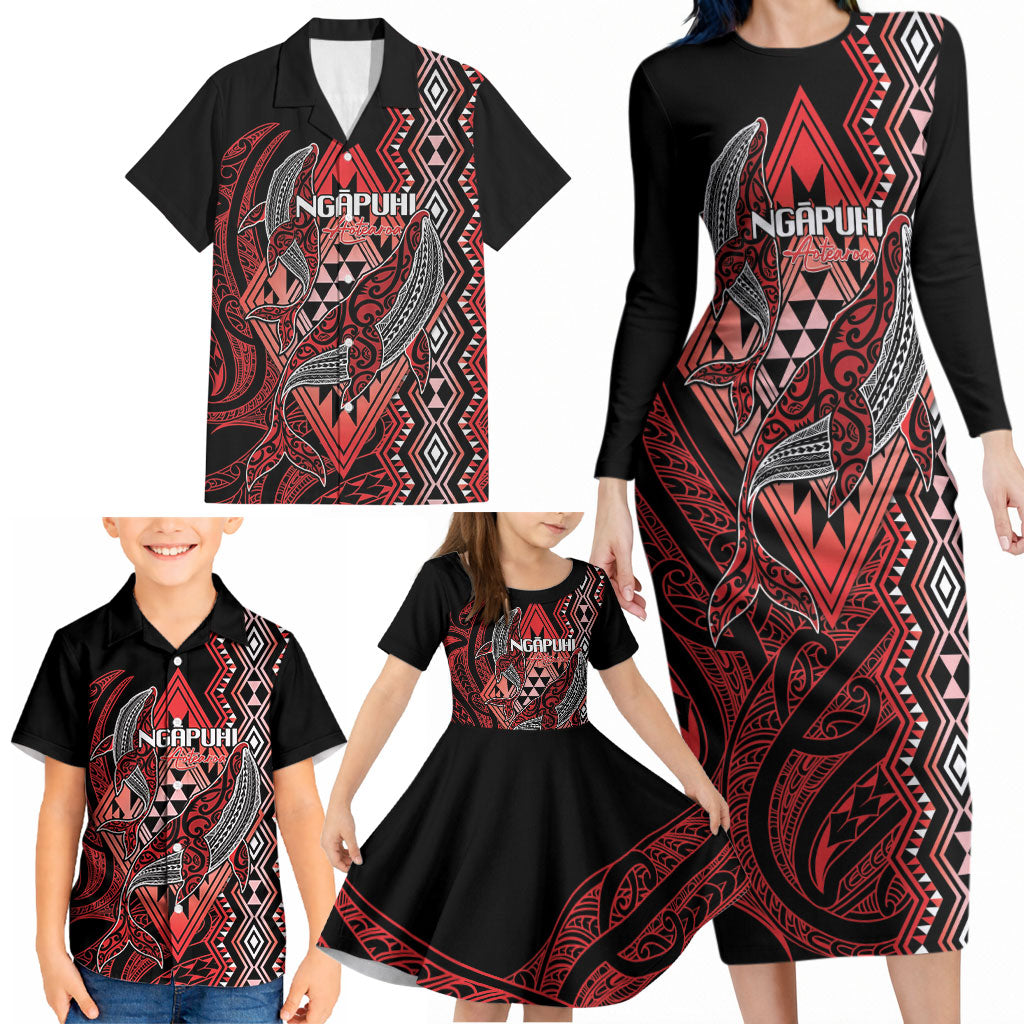 Aotearoa Iwi Ngapuhi Personalised Family Matching Long Sleeve Bodycon Dress and Hawaiian Shirt NZ Maori Humpback Whale Taniko Motifs LT14 - Polynesian Pride