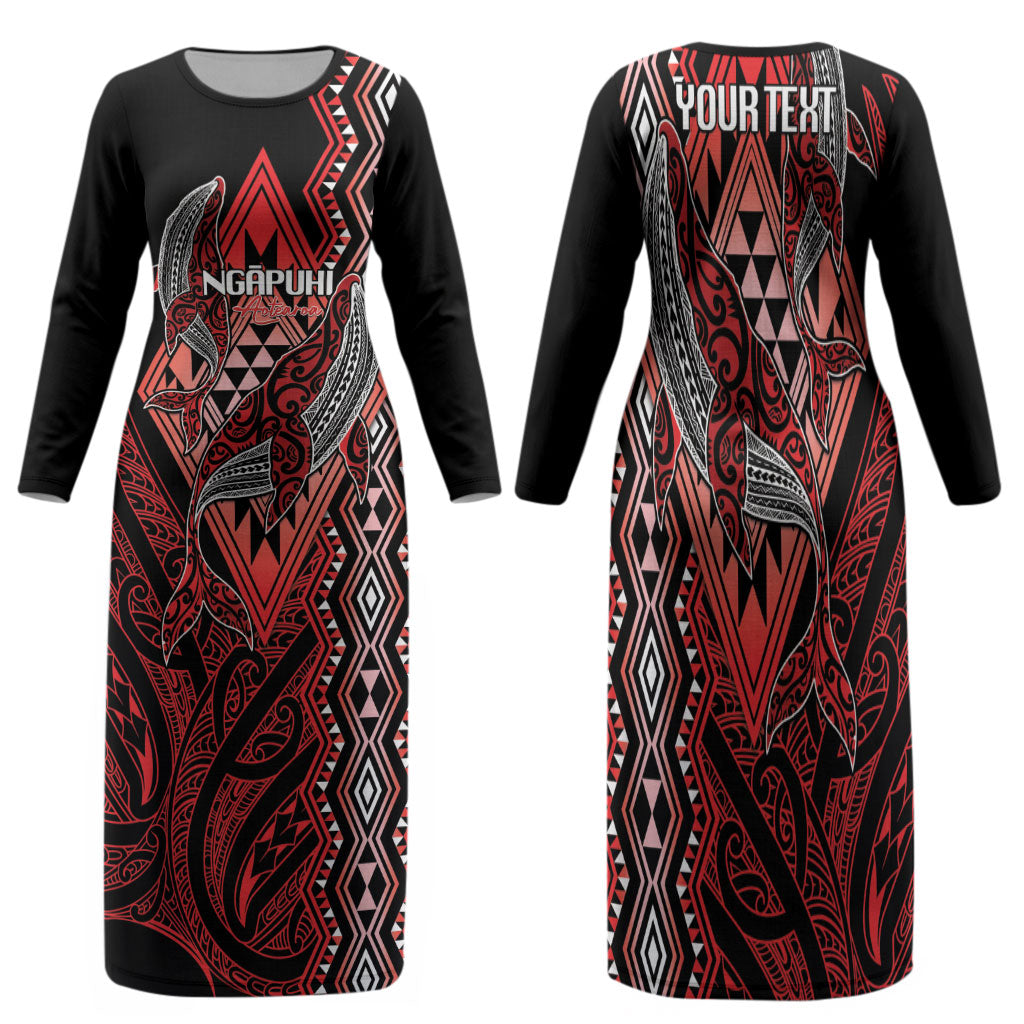 Aotearoa Iwi Ngapuhi Personalised Family Matching Long Sleeve Bodycon Dress and Hawaiian Shirt NZ Maori Humpback Whale Taniko Motifs LT14 Mom's Dress Red - Polynesian Pride