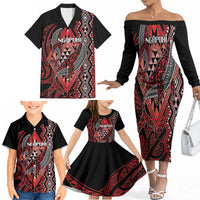 Aotearoa Iwi Ngapuhi Personalised Family Matching Off The Shoulder Long Sleeve Dress and Hawaiian Shirt NZ Maori Humpback Whale Taniko Motifs LT14 - Polynesian Pride