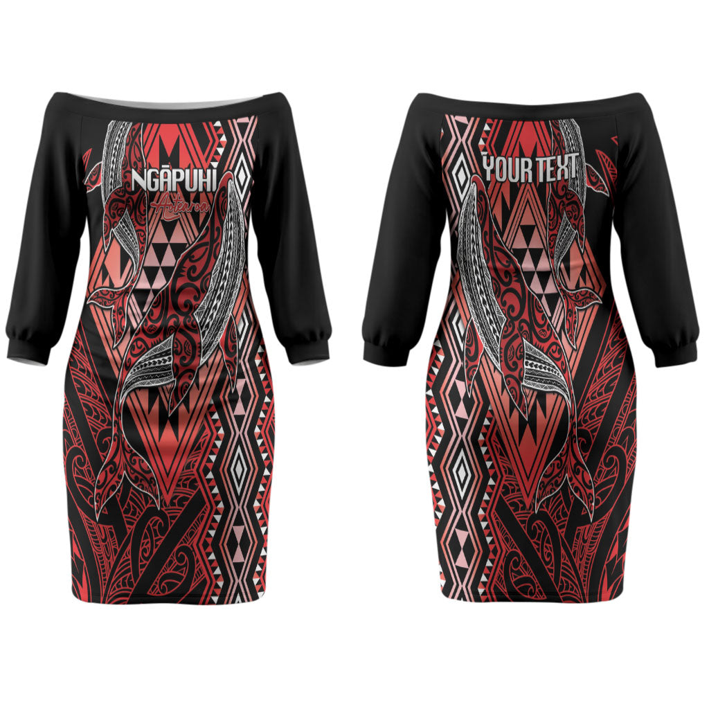 Aotearoa Iwi Ngapuhi Personalised Family Matching Off The Shoulder Long Sleeve Dress and Hawaiian Shirt NZ Maori Humpback Whale Taniko Motifs LT14 Mom's Dress Red - Polynesian Pride