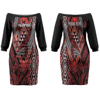 Aotearoa Iwi Ngapuhi Personalised Family Matching Off The Shoulder Long Sleeve Dress and Hawaiian Shirt NZ Maori Humpback Whale Taniko Motifs LT14 Mom's Dress Red - Polynesian Pride