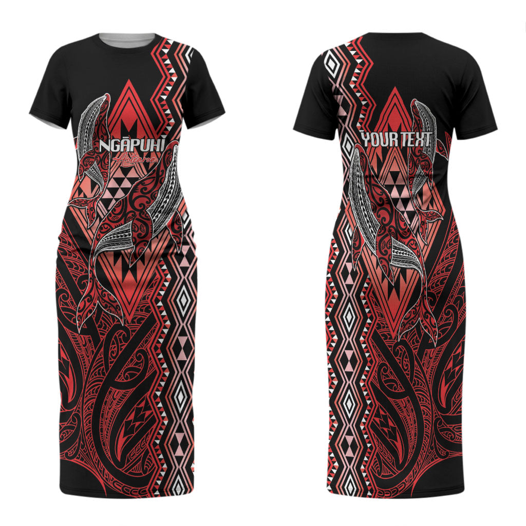 Aotearoa Iwi Ngapuhi Personalised Family Matching Short Sleeve Bodycon Dress and Hawaiian Shirt NZ Maori Humpback Whale Taniko Motifs LT14 Mom's Dress Red - Polynesian Pride