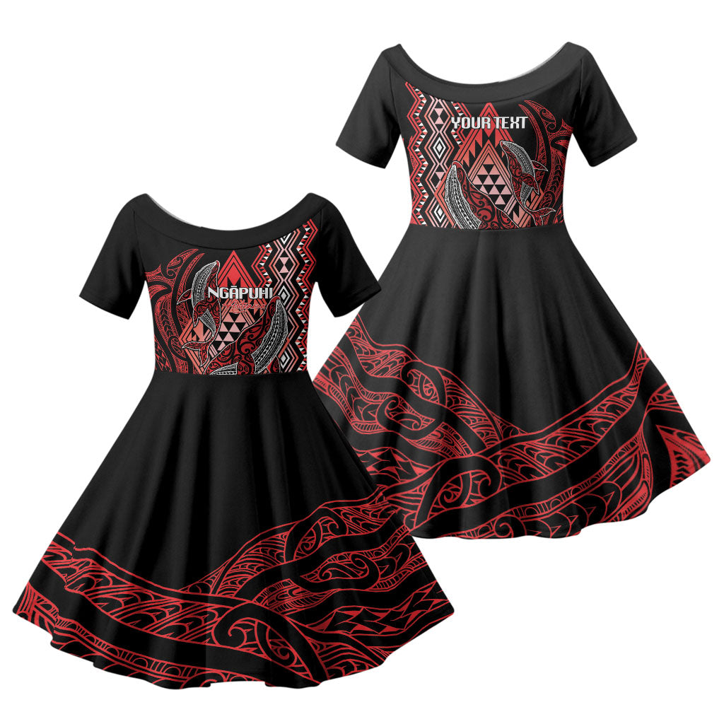 Aotearoa Iwi Ngapuhi Personalised Family Matching Short Sleeve Bodycon Dress and Hawaiian Shirt NZ Maori Humpback Whale Taniko Motifs LT14 Daughter's Dress Red - Polynesian Pride