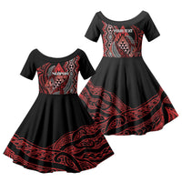 Aotearoa Iwi Ngapuhi Personalised Family Matching Tank Maxi Dress and Hawaiian Shirt NZ Maori Humpback Whale Taniko Motifs LT14 Daughter's Dress Red - Polynesian Pride