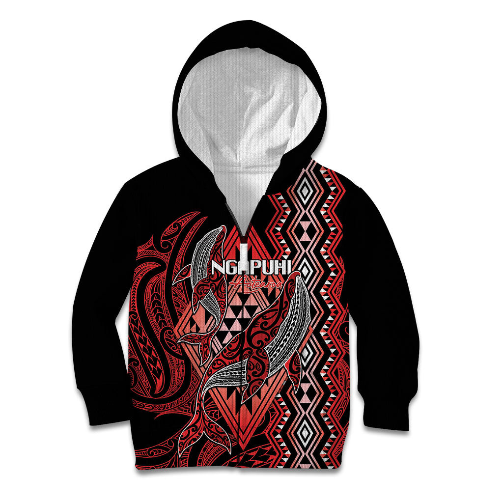Aotearoa Iwi Ngapuhi Personalised Kid Hoodie NZ Maori Humpback Whale Taniko Motifs LT14 Zip Hoodie Red - Polynesian Pride
