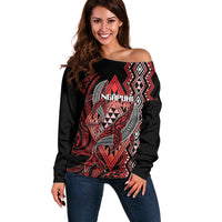 Aotearoa Iwi Ngapuhi Personalised Off Shoulder Sweater NZ Maori Humpback Whale Taniko Motifs LT14 Women Red - Polynesian Pride